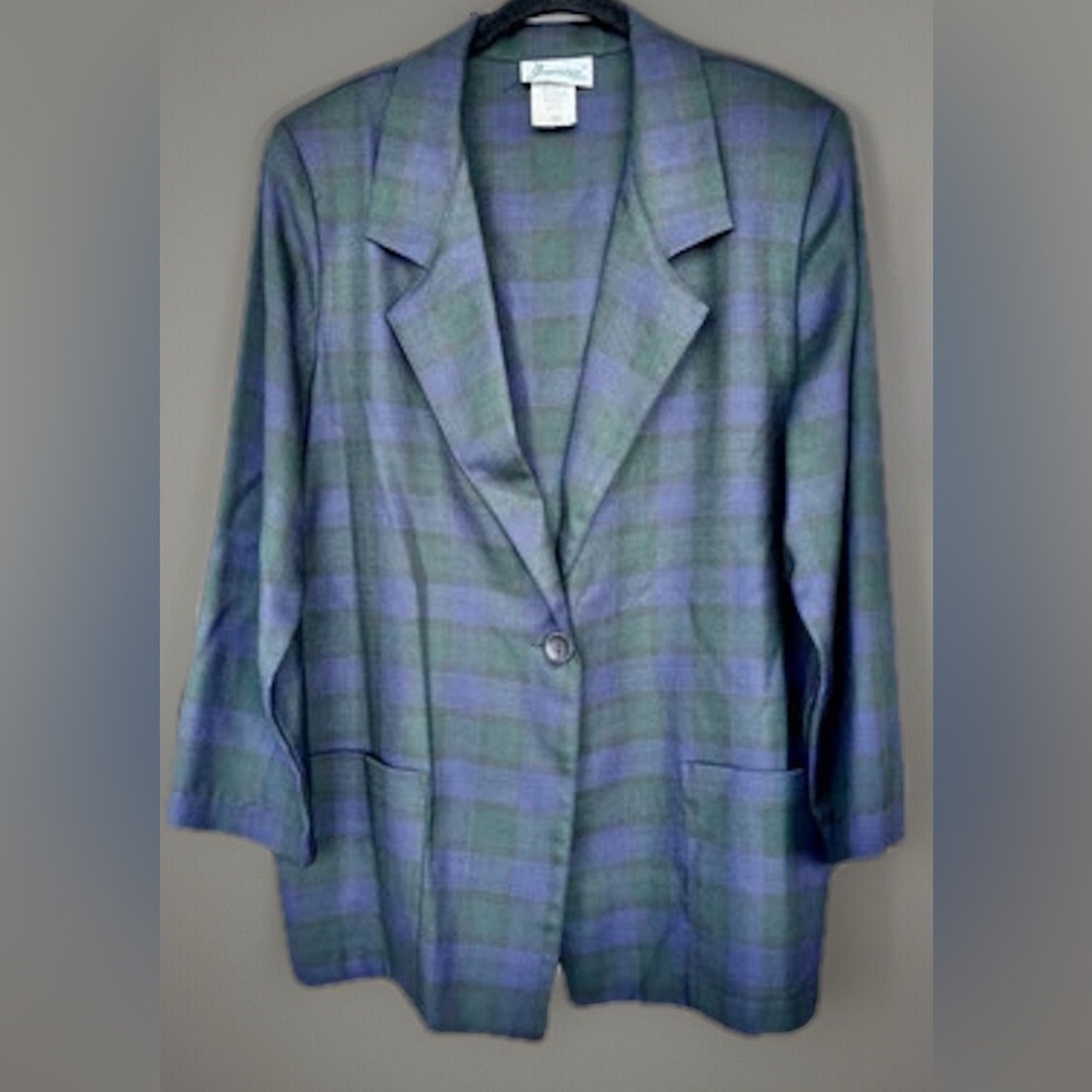 Vintage Joanna Long Sleeve Button Up Blazer Purple/Green Boxy Plaid Medium